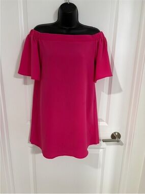 Off-Shoulder Flutter Sleeve Dress - Fuchsia Pink